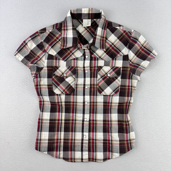 American Vintage Tops - VTG Y2K Pearl Snap Shirt Womens L Brown Plaid Short Sleeve Western